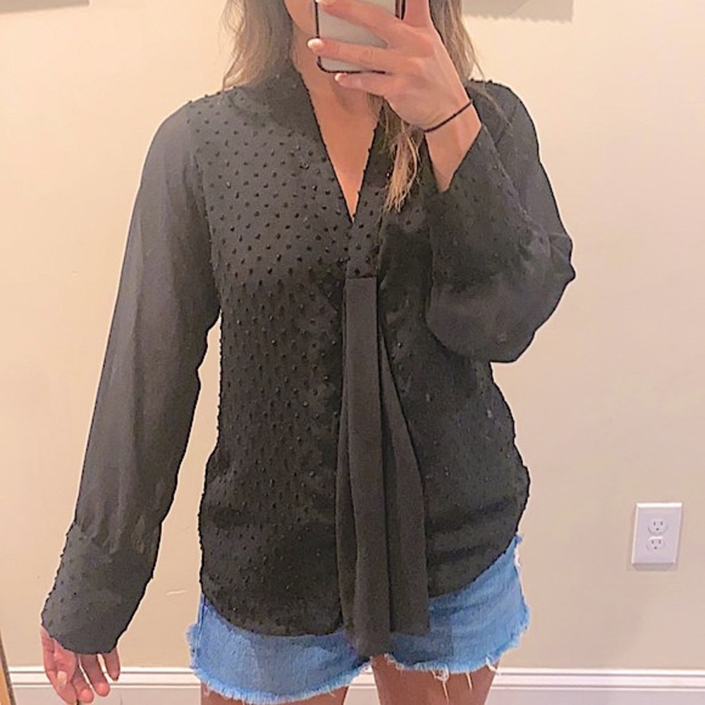 Zara V-Neck Tie Neck Dotted Long Sleeve Top Size M